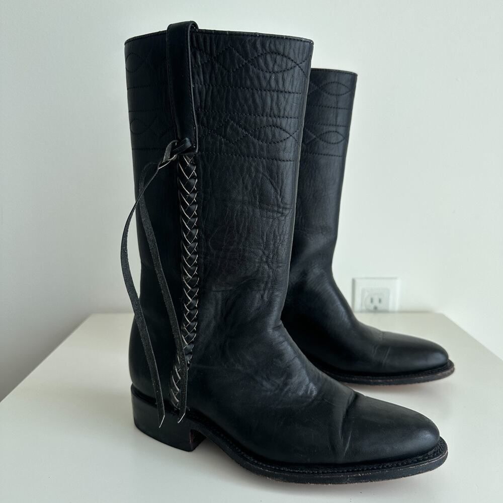 German Botas Leather Boots Size 25 Black Braided Fringe Riding‎ Marching Stitch